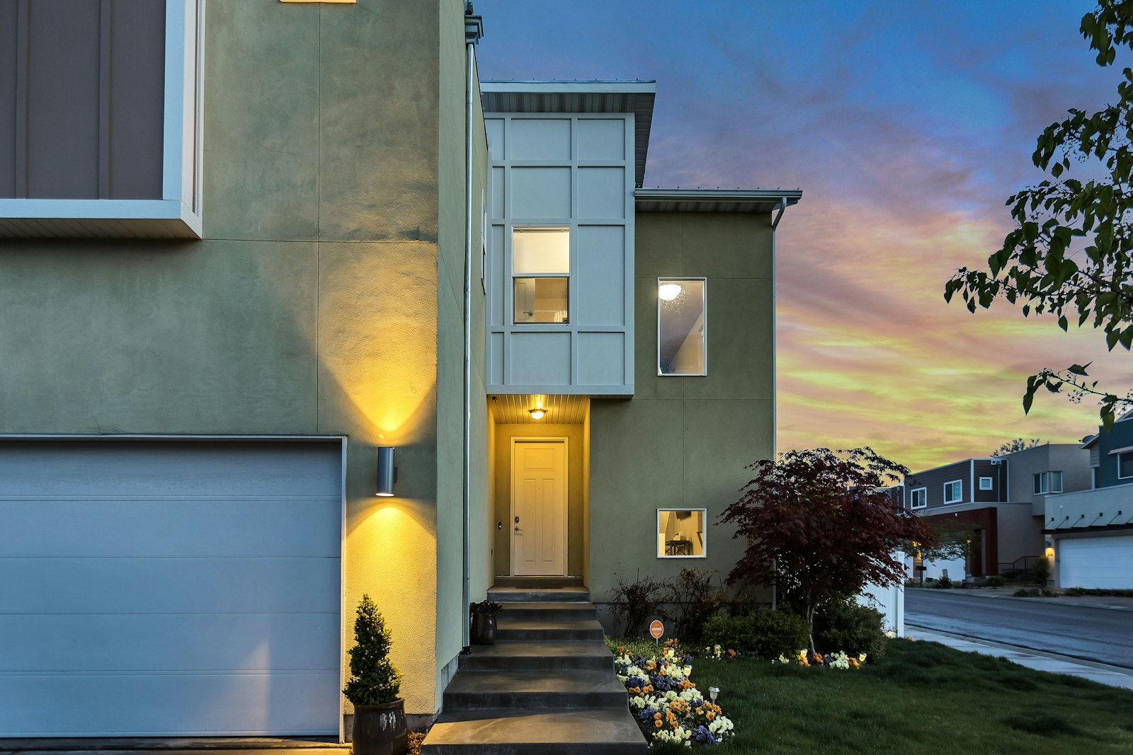 Modern energy-efficient home with sustainable building materials and smart lighting